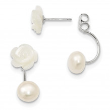 Quality Gold Sterling Silver 8-9mm FWC Button Pearl & MOP Flower Dangle Earrings - QE12900WW